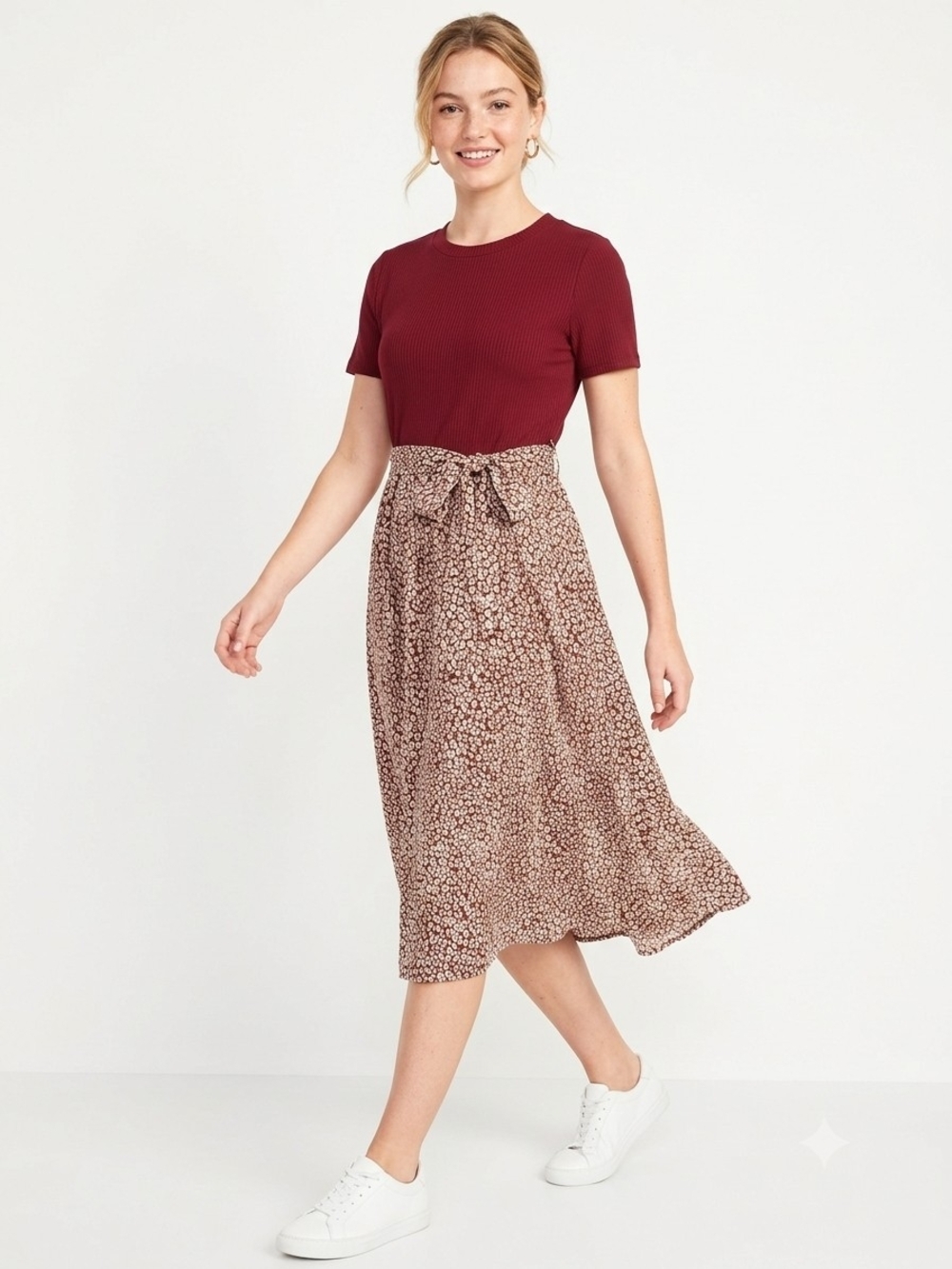Tie-Waist Floral Midi Dress in Brown
